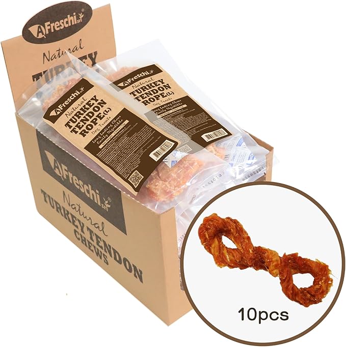 AFreschi Natural Turkey Tendon Rope (L) 10 Units/Box, Dog Treats for Signature Series, All Natural Human Grade Puppy Chew, USA-Sourced Turkey Tendon, Hypoallergenic, Rawhide Alternative