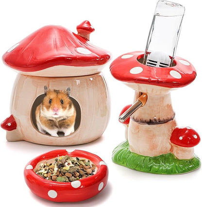 Hacaroa 3 Pack Ceramic Hamster Hideout, Mushroom Shape Guinea Pig Food Bowl Cute Water Bottle with Stand, Cool Hamster Bed House Small Animal Cage Accessories for Dwarf Hamsters, Mice, Gerbils