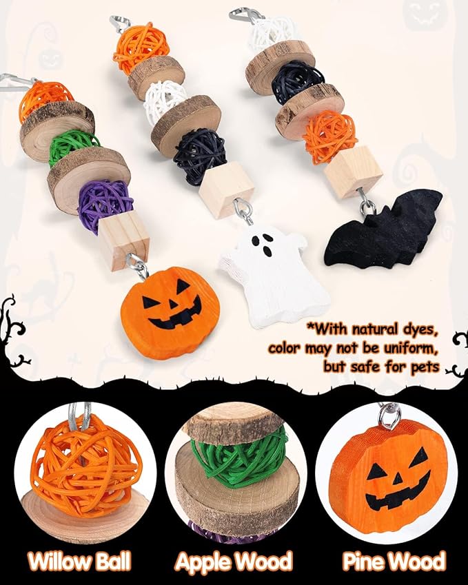 Xylolfsty 3PCS Chinchilla Toys Guinea Pig Bunny Rabbit Chew Toys Teeth Care Grinding Accessories for Small Animals Dwarf Pet Rat Cage Hanging Halloween-Themed