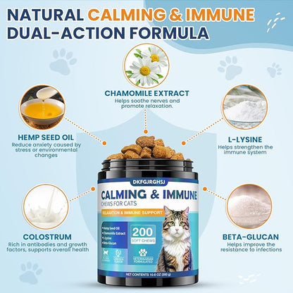 Cat Calming Treats, 200 Hemp Calm Soft Chews to Soothe Stressed Cats Anxiety Relief Reduce Stress & Promote Relaxation Immune Support Chicken Flavored