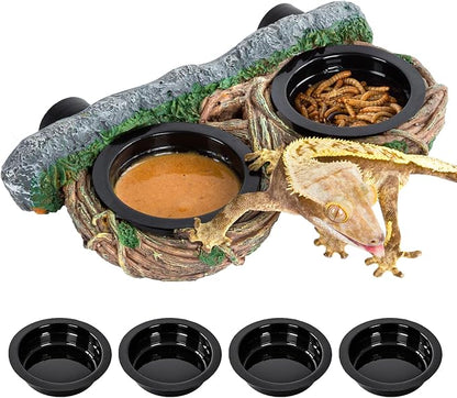 REPTI ZOO Magnetic Reptile Feeding Ledge, Gecko Feeder Ledge with 4PCS Cups, Hollow Vine Food Dish, Reptile Water Bowl for Bearded Dragon Lizard Snake, Reptile Terrarium Tank Accessories