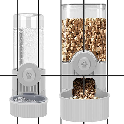 Hanging Cage Automatic Food Water Dispenser, Auto Gravity 1.2L Self-Feeding Feeder and 0.52L Waterer Set, Crate Auto Feeder Dish for Puppy Cats Ferret Bunny Guinea Pig Small Pets (Grey)