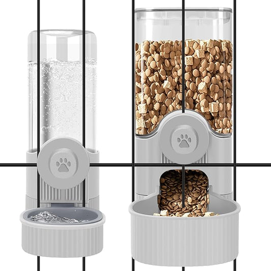 Hanging Cage Automatic Food Water Dispenser, Auto Gravity 1.2L Self-Feeding Feeder and 0.52L Waterer Set, Crate Auto Feeder Dish for Puppy Cats Ferret Bunny Guinea Pig Small Pets (Grey)