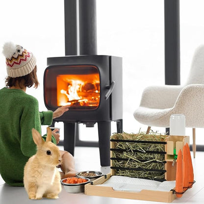 Wooden Rabbit Hay Feeder,Guinea Pig Hay Feeder,Bunny Hay Holder Hanging with 500ml Water Bottle, Small Animals Hay Manger for Chinchillas, Hamster, Dwarf Rabbit,Ferrets (Wood)