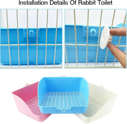 Rabbit Litter Box Bunny Potty Box Guinea Pig Hay Rack Feeder Rabbits Corner Litter Pan Potty Trainer Pet Toilet with Cleaning Set for Hamster, Guinea Pig, Ferret and Other Animals (Blue)