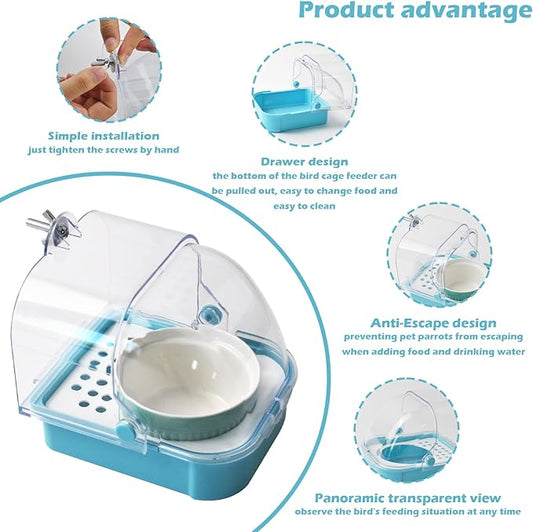 2 in 1 No Mess Bird Feeder,Bird Cage Feeder with Ceramic Bowl and Parrot Bathtub with Bottom Drawer Hanging Tube Shower Box for Birds Budgies Parakeet Small Parrot Cockatiels(Blue)