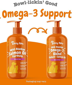 Zesty Paws Wild Alaskan Omega-3 Blend Pollock + Salmon Oil for Dogs and Cats- Skin and Coat Support, Omega 3 Supplement for Pets, 16oz