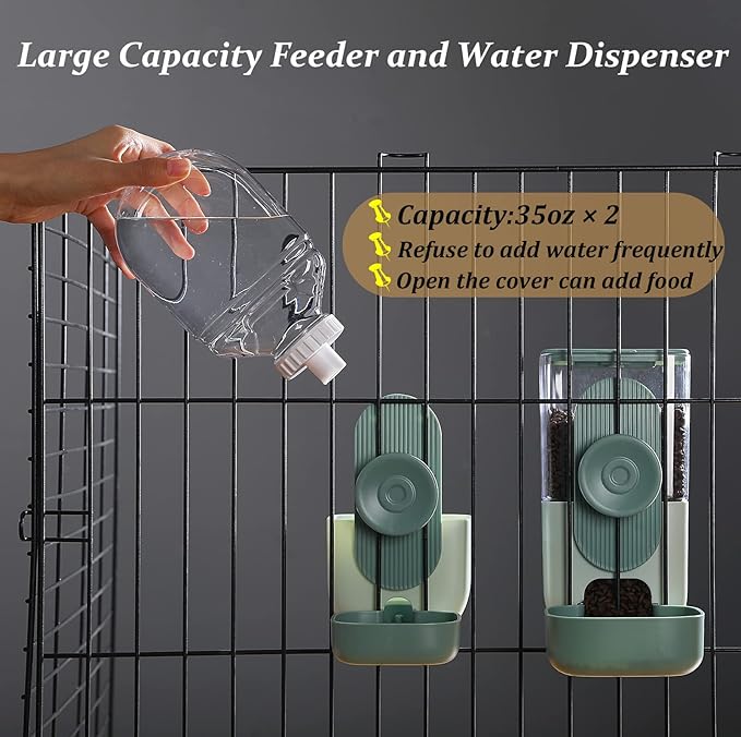 Kenond 35oz Hanging Automatic Pet Food Water Dispenser, Auto Gravity Pet Feeder and Waterer Set, Cage Cat Food Bowl Dog Feeding Station for Puppy and Kitten Rabbit Chinchilla Hedgehog Ferret (Green)