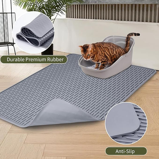 Rubber Cat Litter Mat, Indoor Kitty Litter Box Mat, Waterproof, Easy-to-Clean, Odorless, Textured Surface, Anti-Slip Design (L:34" x 22")