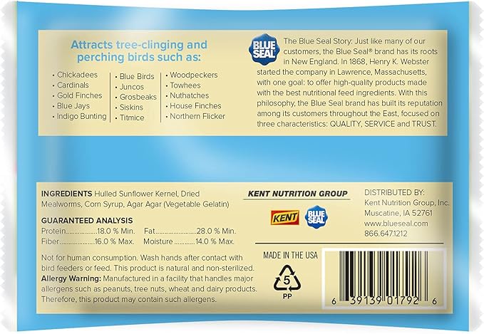 Blue Seal Mealworm Medley Suet Treat Bars for Wild Birds - No Mess Suet Feed for Woodpeckers, Cardinals, Siskins, Sparrows & More - 7 oz Bird Seed Cakes (Pack of 12)