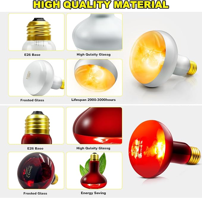 MIXJOY 100W Reptile Heat Lamp Bulb Combo, 2PCS Day & Night Reptile Heat Bulbs, UVA Daylight Intense Heat Basking Bulb Infrared Heat Light Bulb for Reptiles, Lizard, Tortoise, Bearded Dragon Chickens