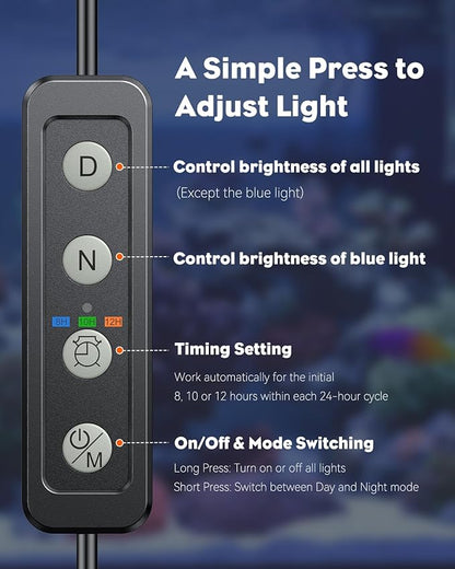 Pawfly 18W Saltwater Aquarium Light for 18" to 24" Fish Tanks Dimmable LED Reef Light for Coral Extendable Marine Fish Tank Light with Full Spectrum D/N Mode Timer Auto On/Off Adjustable Brightness
