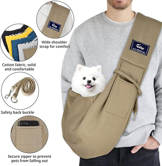 CUBY Dog and Cat Sling Carrier - Hands Free Reversible Pet Papoose Bag - Soft Pouch and Tote Design - Suitable for Puppy, Small Dogs Cats Outdoor Travel(Khaki, Unadjustable Strap)