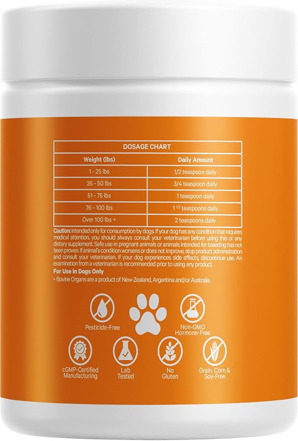 Happy Healthy Organs & Glands Supplement for Dogs, Freeze-Dried Raw Grass-Fed Beef Liver Heart Kidney Spleen Pancreas Bone Marrow, Bovine Thymus Multi Organ Powder, Canine Vitamins, 3 oz