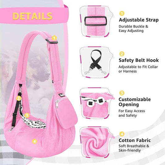 Lukovee Pet Sling, Hand Free Dog Sling Carrier Adjustable Padded Strap Tote Bag, Shoulder Bag with Safety Belt & Front Pocket for Small Dog Cat Puppy (Pink-WY,S)
