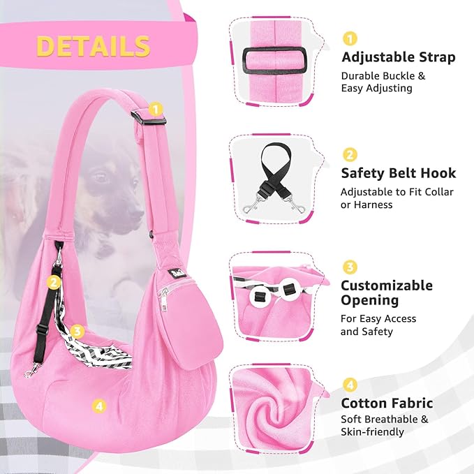 Lukovee Pet Sling, Hand Free Dog Sling Carrier Adjustable Padded Strap Tote Bag, Shoulder Bag with Safety Belt & Front Pocket for Small Dog Cat Puppy (Pink-WY,M)
