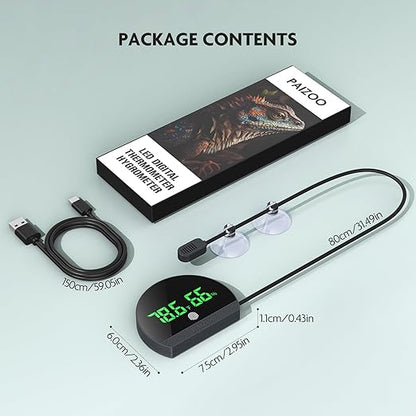 PAIZOO Reptile Thermometer Hygrometer, LED Reptile Tank Thermometer and Humidity Gauge, Rechargeable Digital Hygrometer for Reptile Tank Accessories, Switch Between ℉/℃, Always-on Display Mode