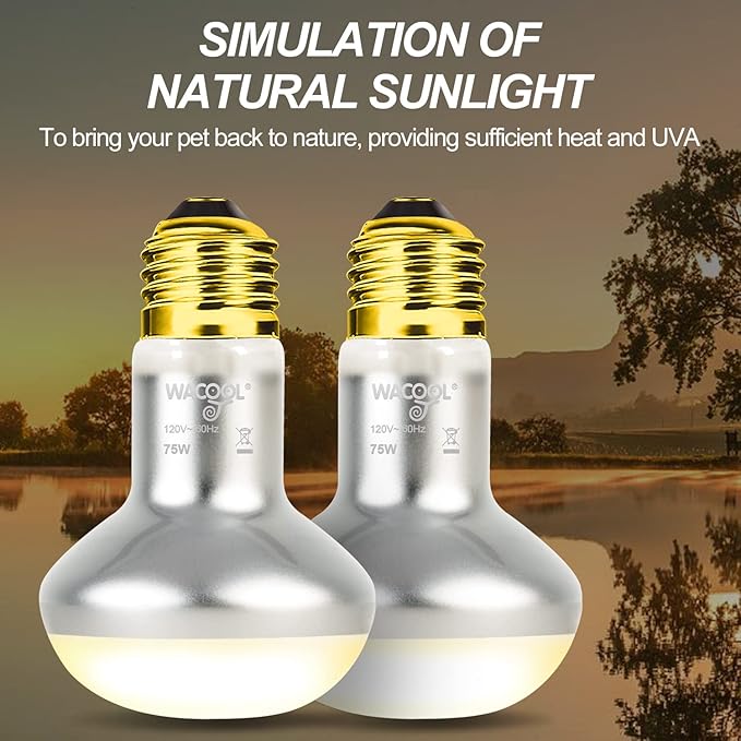WACOOL 2 Pack Heat Lamp Bulbs for Reptiles, 75W Intense Basking Spot Lights, Simulate Daytime Sunshine Heat Bulbs, UVA Daylight