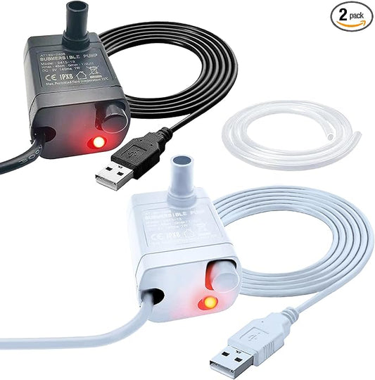 2Pcs Mini USB Compact Submersible Pump,1M Tube, DC 5V,0.7W Super Quiet Electric Brushless Pump,for Desktop Fountain,Cat Waterfall,DIY Small Fountain (black + white)