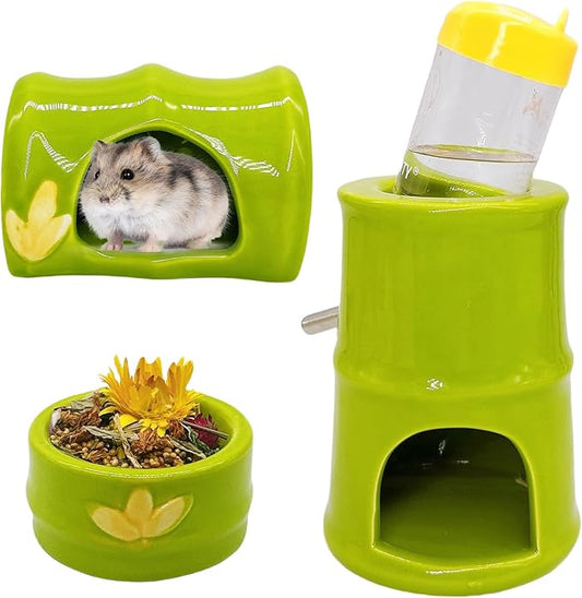 Ceramic Hamster Hideout Food Bowl Water Bottle Stand Holder Dispenser Syrian House and Habitats Hide Hut Bed Cage Accessories Decor for Mice Dwarf Hamster Gerbil Rat