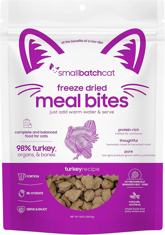 smallbatch Freeze-Dried Raw Cat Food, Shelf Stable Food Bites, Turkey Recipe, High Protein Meal or Topper for Cats, Humanely Raised Meat, Organic, Non-GMO Produce, Made in The USA, 10oz Bag