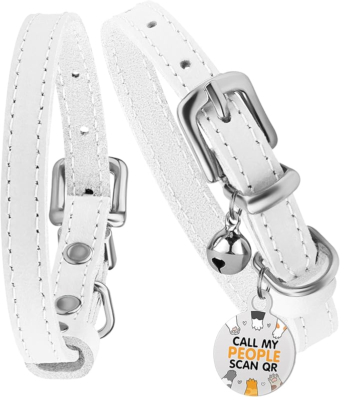 BRONZEDOG Leather Cat Collar with Removable Bells Non Breakaway Kitten QR Tag for Girl Boy (9" - 12" Cats/Mini Dogs, White & Silver)