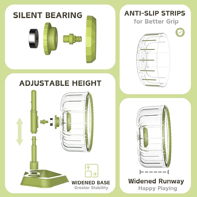 Hamster Exercise Wheels, Quiet Spinner Hamster Running Wheels with Adjustable Stand for Small Animals Dwarf Syrian Hedgehog Gerbils Mice (Green, Large(9.4 inch))