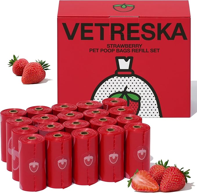 VETRESKA Strawberry Scented Dog Poop Bags, Leak Proof, Extra Thick and Large Pet Waste Bags for Dogs Walking and Cat Litter, 20 Refill Rolls, 300 Bags, Red