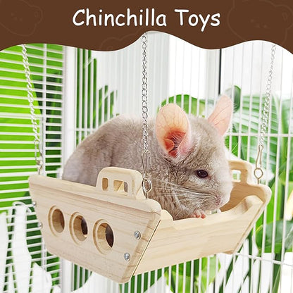 Natural Wood Chinchilla Toy Hammock for Cage Swing, Hanging Chinchilla Bed, Wooden Toys and Cage Accessories, Hut Ledges and Platforms for Indoor Habitat Enrichment