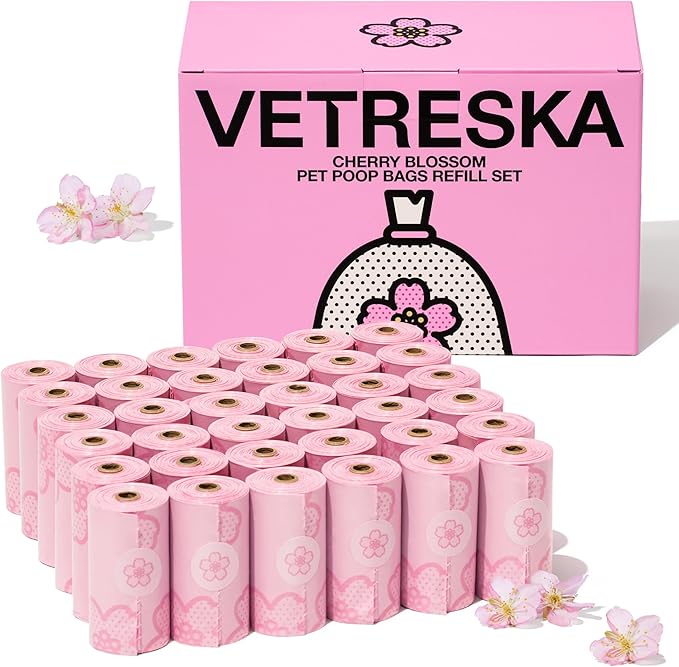VETRESKA Cherry Blossom Scented Dog Poop Bags, Leak Proof, Extra Thick and Large Pet Waste Bags for Dogs Walking and Cat Litter, 36 Refill Rolls, 540 Poop Bags, Pink
