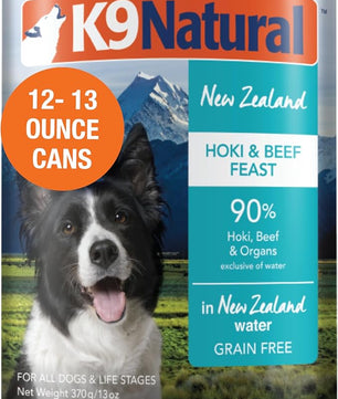 K9 Natural Wet Dog Food Pate, Hoki & Beef Feast, 13 Oz Cans (Pack of 12), Grain Free, Made in New Zealand with Sustainably Caught Hoki Fish and Grass-Fed and Finished Beef