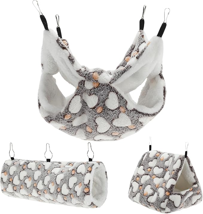 Ferret Hammock, Small Pet Cage Accessories, Ferret Bed, Pet Cage Hammock Hanging Tunnel and Bed Hideout Set for Hamster Squirrel Rabbit, Brown, 3Pcs