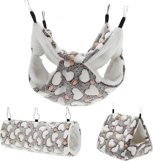 Ferret Hammock, Small Pet Cage Accessories, Ferret Bed, Pet Cage Hammock Hanging Tunnel and Bed Hideout Set for Hamster Squirrel Rabbit, Brown, 3Pcs