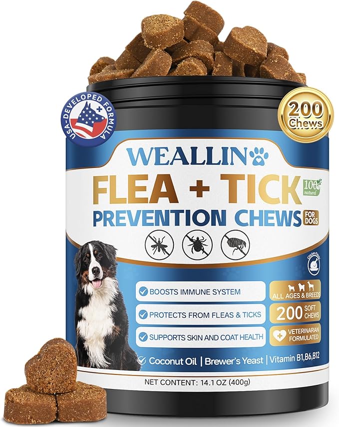 Flea and Tick Prevention for Dogs, 200 Soft Chews for Dog Fleas Ticks Treatment, Natural Dogs Oral Flea Chewables Support Supplement, Flea and Tick Chews for All Breeds & Sizes