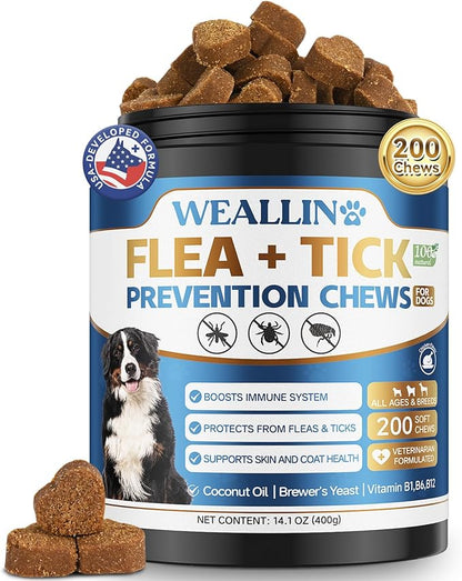 Flea and Tick Prevention for Dogs, 200 Soft Chews for Dog Fleas Ticks Treatment, Natural Dogs Oral Flea Chewables Support Supplement, Flea and Tick Chews for All Breeds & Sizes