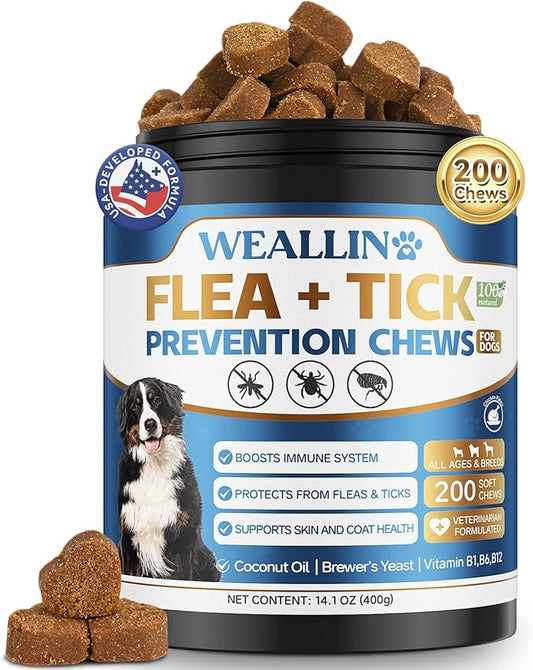 Flea and Tick Prevention for Dogs, 200 Soft Chews for Dog Fleas Ticks Treatment, Natural Dogs Oral Flea Chewables Support Supplement, Flea and Tick Chews for All Breeds & Sizes