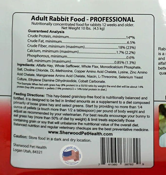 Sherwood Pet Health Adult Rabbit Food Professional 10 lbs, Grain and Soy-Free for Better Digestion