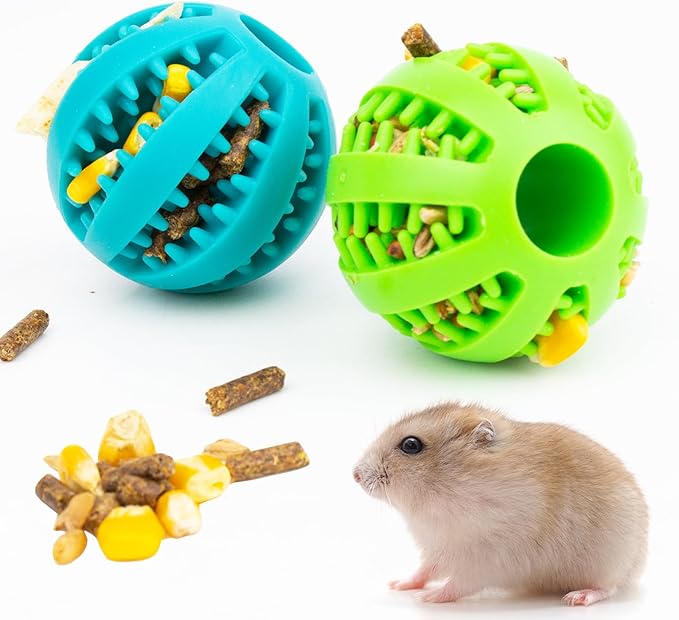 Hamster Foraging Ball Toy Puzzle, 2 PCS Hamster Treat Ball for Teething, Small Animals Slow Feeder, Food Hide Treat Dispensing Snuffle Game Interactive Toy for Guinea Pig, Rat