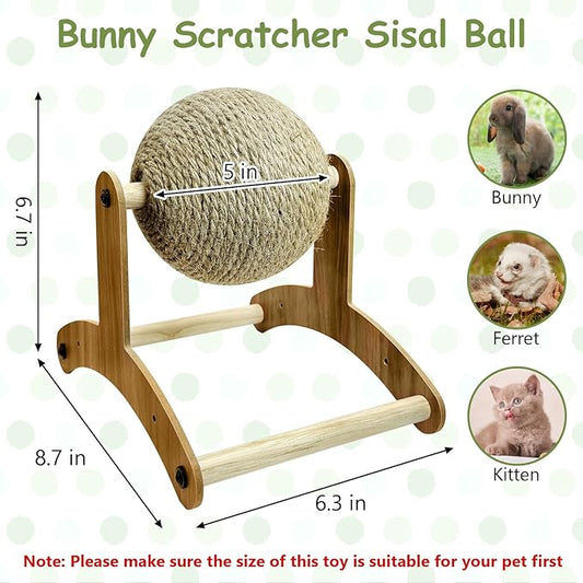 Fhiny Rabbit Scratch Toy, Natural Sisal Rabbit Scratching Ball Sisal Rope Bunny Claw Scratcher Rotating Ball Interactive Toys Nail Scratching Post for Indoor Pets Kittens Ferrets Small Animals