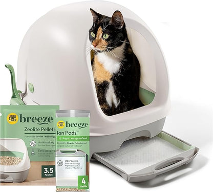 Purina Tidy Cats Hooded Litter Box System, BREEZE Hooded System Starter Kit Litter Box, Litter Pellets & Pads