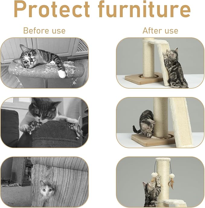 PEEKAB Cat Scratching Post,31" Tall Sisal Scratch Posts with Vertical Scratching Board for Cats and Kittens,with Track Ball and Hanging Feather Ball Toys,Beige