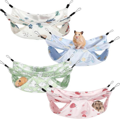 Nuogo 4 Pcs Rat Hammock for Cage Small Animal Hanging Ferret Hammocks for Rat Accessories Double Layer Ferret Bed for Guinea Pig Squirrel Chinchilla Playing and Sleeping (Summer)