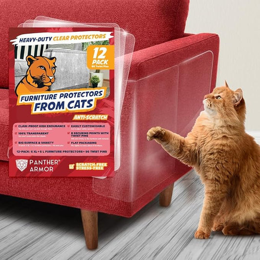 12 Pack Cat Scratch Furniture Protector Sheets – Clear Couch & Sofa Guard from Cat Claws – Easy Apply, Removable, with Twist Pins (6 XL + 6 Large)