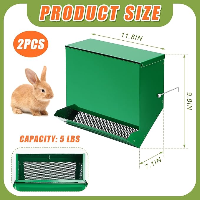 Maxcheck 2 Pcs Rabbit Feeder for Cages Small Animal Food Dispenser with Lid Metal Chicken Grit Oyster Shell Feeders Outside(11.8 Inches,Mesh Bottom,Green)