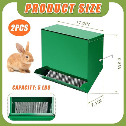 Maxcheck 2 Pcs Rabbit Feeder for Cages Small Animal Food Dispenser with Lid Metal Chicken Grit Oyster Shell Feeders Outside(11.8 Inches,Mesh Bottom,Green)