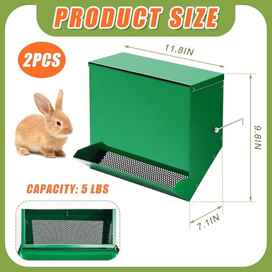 Maxcheck 2 Pcs Rabbit Feeder for Cages Small Animal Food Dispenser with Lid Metal Chicken Grit Oyster Shell Feeders Outside(11.8 Inches,Mesh Bottom,Green)
