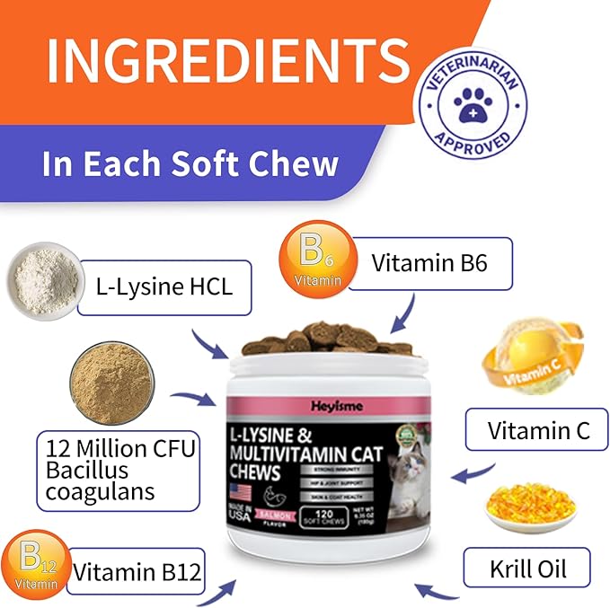 Lysine Supplement for Cats, Cat Treats for Sneezing and Runny Nose, Cold, Cat Immune Support, Eye Function, and Respiratory Health, L-Lysine cat Vitamins for Cats (120 Pills, Salmon)