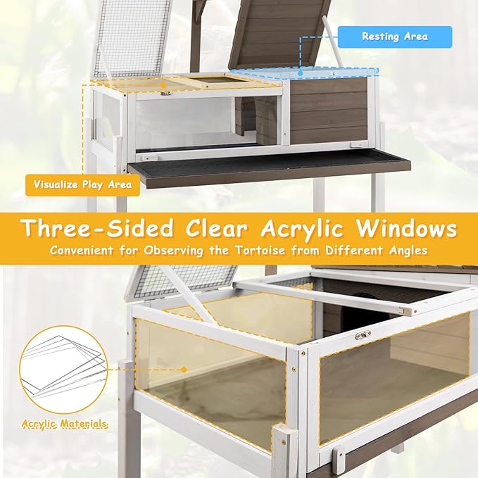 Tortoise Habitat Wooden Tortoise House, Indoor Turtle Enclosure Outdoor Reptile Cage with Removable Bottom, Light Support, Openable Roof (Tall Tortoise Habitat, Leakproof Tray)