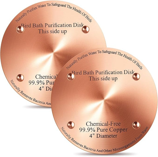 2 Pcs Bird Bath Copper Disk, 0.6mm Thick Reinforced 99.99% Pure Copper Birdbath Purification Disk, with 4 Point Support for Outdoor Birdbaths Bowls Cleaner, 4 Inch (Classic)