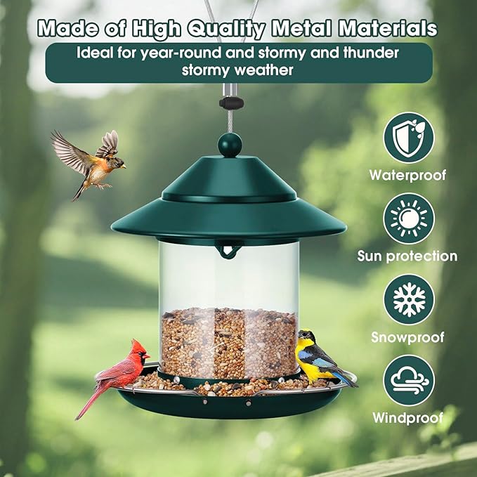 Metal Roof Bird Feeder, Hanging Bird Feeders for Outdoors with 2LB Clear Tube Seed Capacity for Viewing Cardinal Finch, 360° Feeding Wild BirdFeeders for Outside Garden Yard Decoration